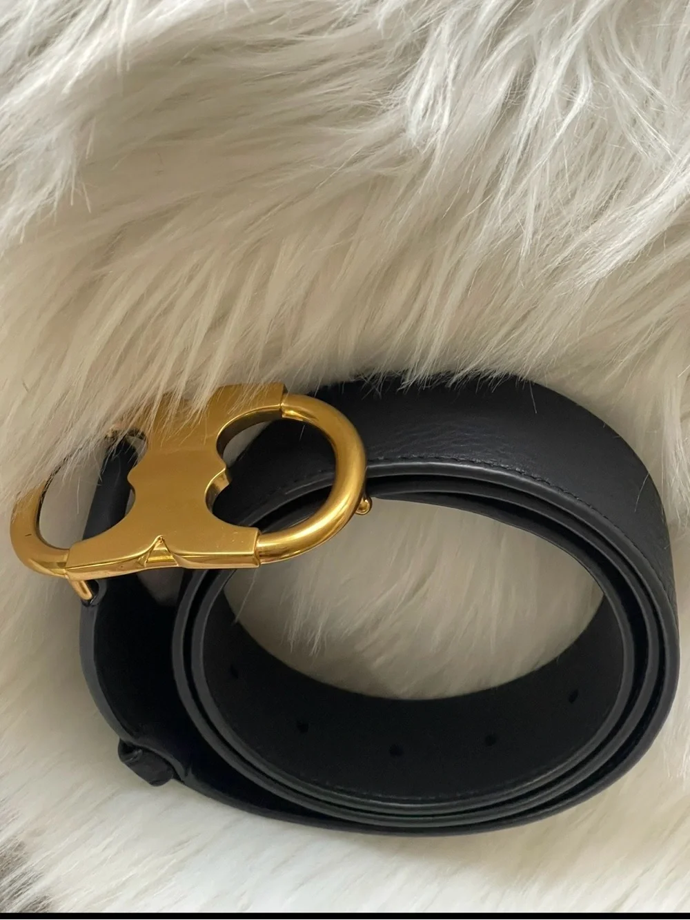Tory Burch Black Leather Belt with Gold Logo Buckle